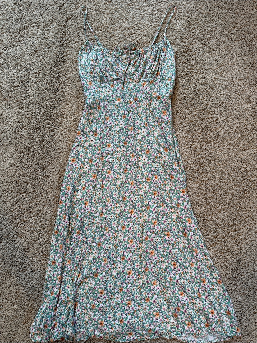 Lush Green Floral Spaghetti-Strap Maxi Dress with Orange Accents